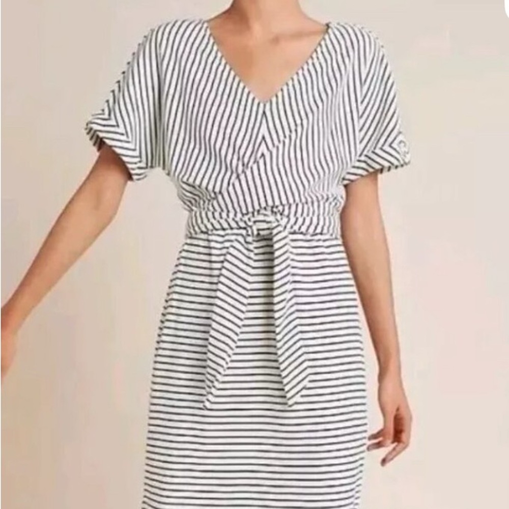 Anthropologie Black and White Striped V-Neck Faux Wrap Midi Dress.